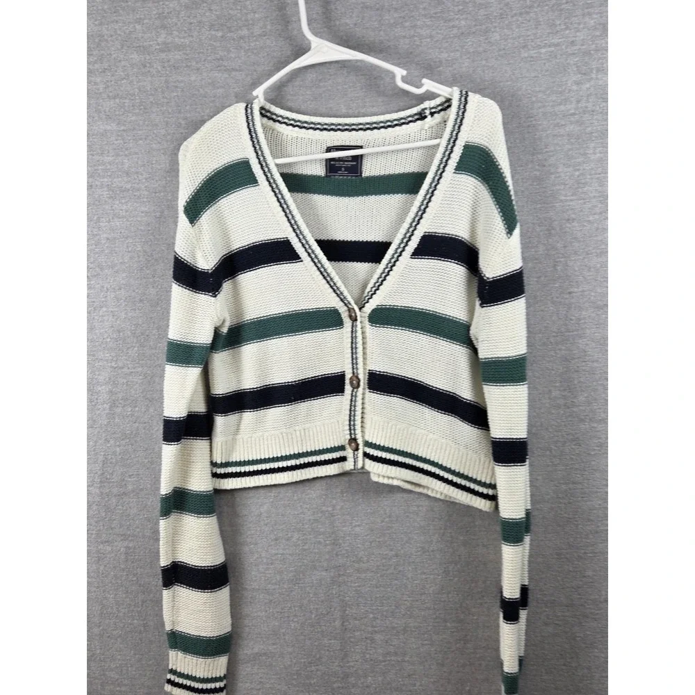 Abercrombie & Fitch S Green Navy Stripe Cropped Sweater Cardigan Y2K Preppy Cute